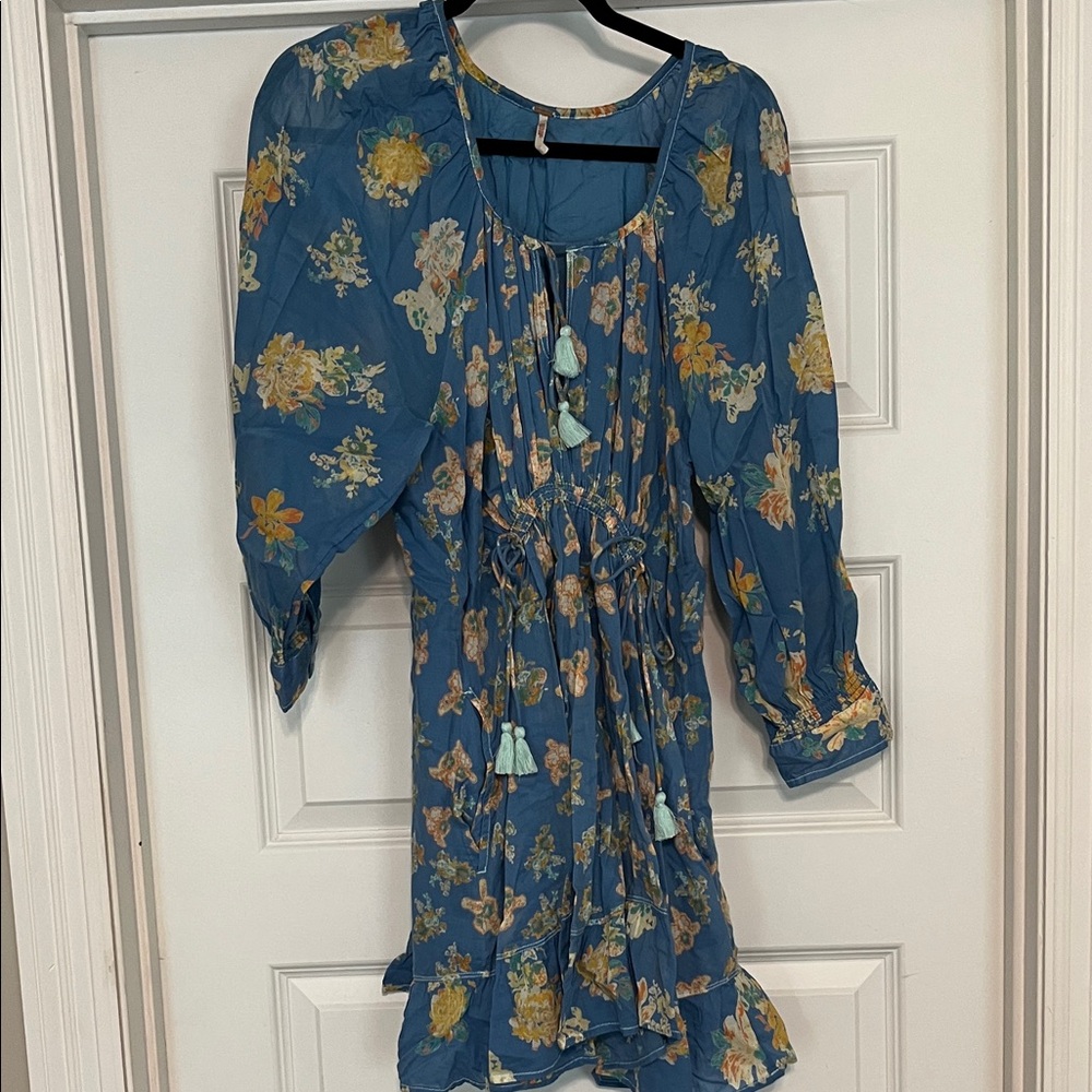 Free People Floral Blue Dress with Tassels